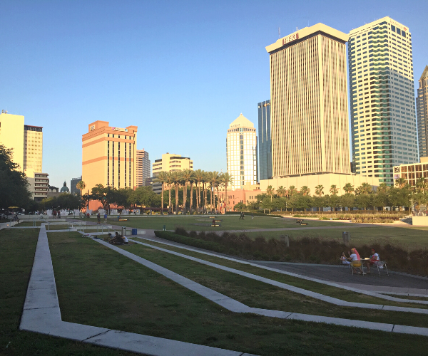 View of Curtis Hixon Park in Tampa Bay with tall buildings in the distance
